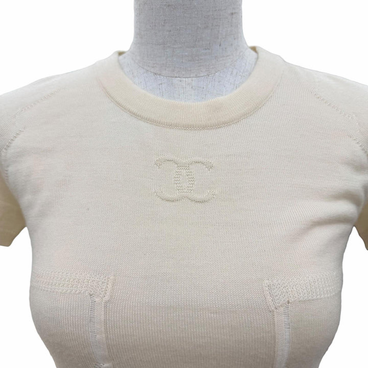 美品☆CHANEL シャネル 04C P22665 カシミヤ100％ ココマークエンボス クロップド 半袖ニット ベージュ 36 イタリア製 レディース
