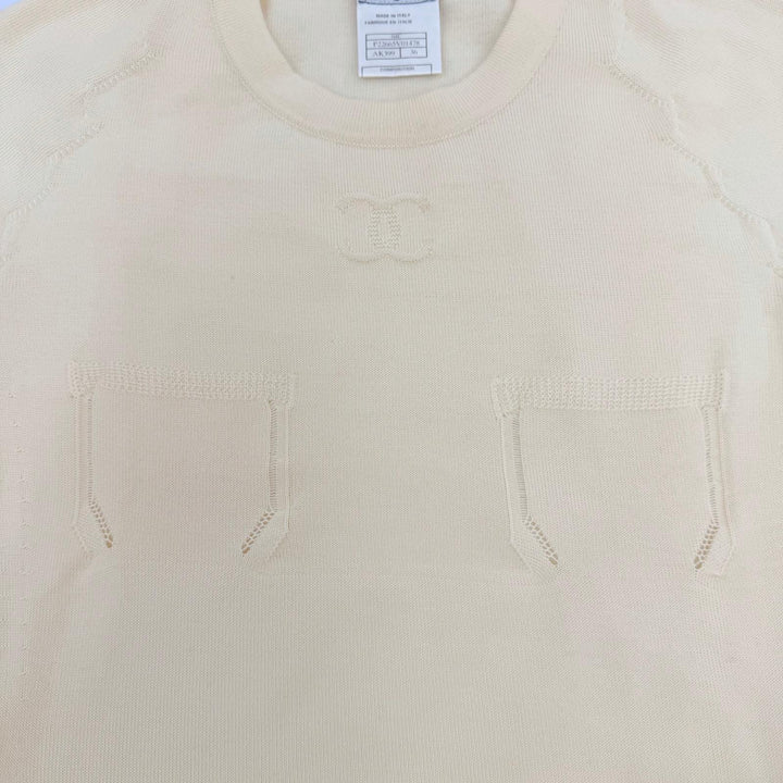 美品☆CHANEL シャネル 04C P22665 カシミヤ100％ ココマークエンボス クロップド 半袖ニット ベージュ 36 イタリア製 レディース