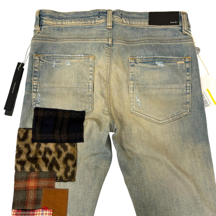 未使用品□AMIRI アミリ ARTPATCH JEAN パッチワーク ロゴレザーパッチ ダメージ加工 スキニー デニムパンツ グレーインディゴ 31 USA製