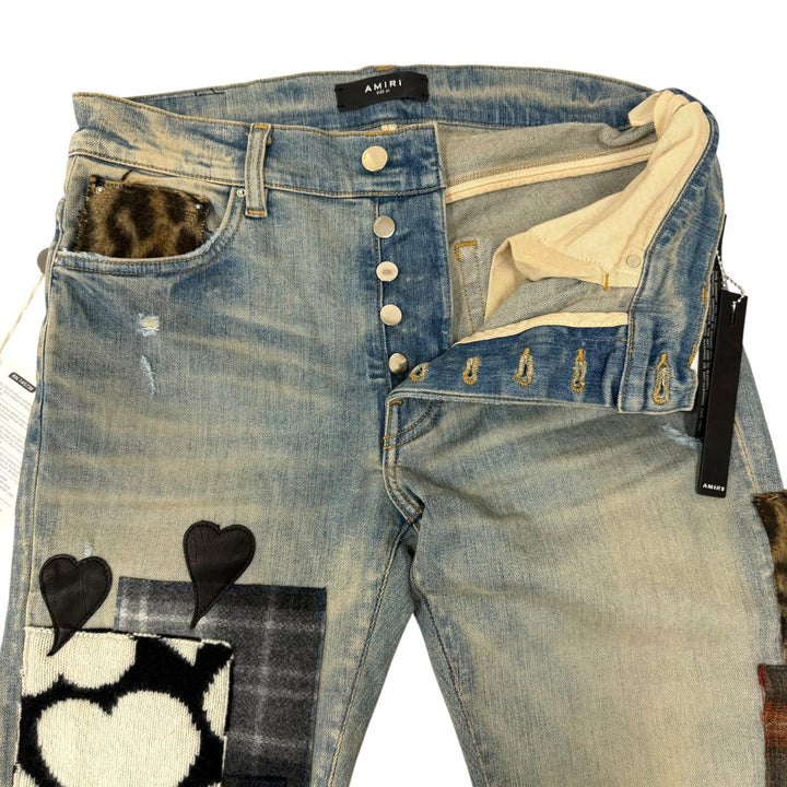 未使用品□AMIRI アミリ ARTPATCH JEAN パッチワーク ロゴレザーパッチ ダメージ加工 スキニー デニムパンツ グレーインディゴ 31 USA製