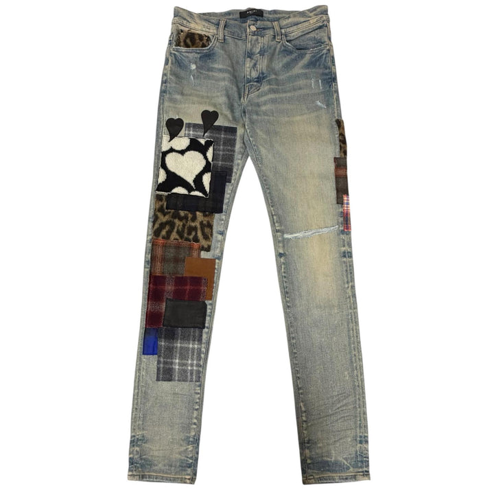 未使用品□AMIRI アミリ ARTPATCH JEAN パッチワーク ロゴレザーパッチ ダメージ加工 スキニー デニムパンツ グレーインディゴ 31 USA製