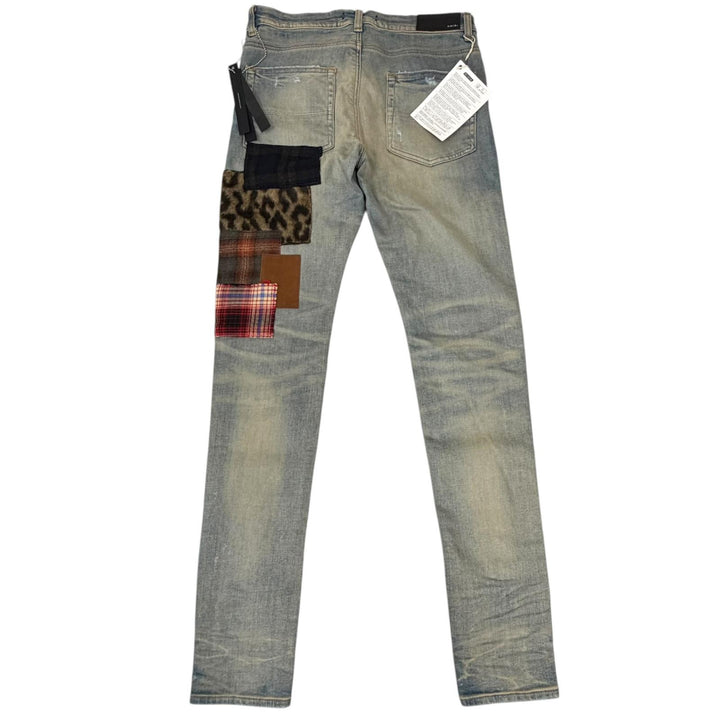 未使用品□AMIRI アミリ ARTPATCH JEAN パッチワーク ロゴレザーパッチ ダメージ加工 スキニー デニムパンツ グレーインディゴ 31 USA製