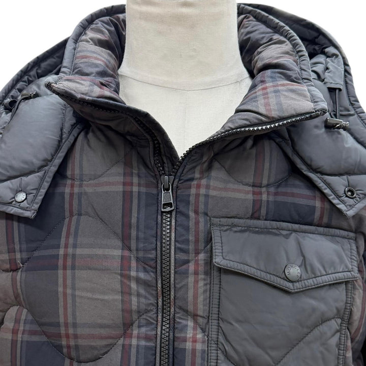 美品▼MONCLER モンクレール GONDRY チェック柄 レザーロゴワッペン ナイロン切替 フーデッド ZIPUP ダウンジャケット グレー 3 正規品