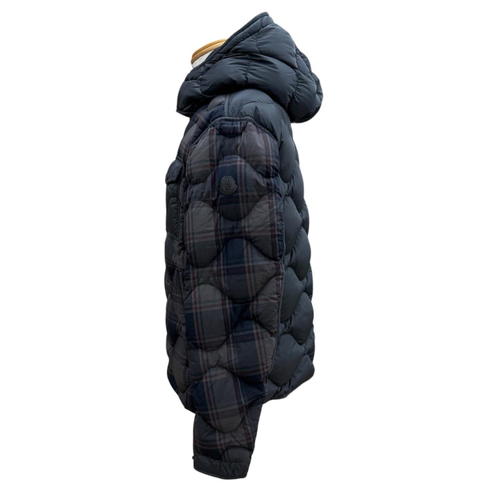 美品▼MONCLER モンクレール GONDRY チェック柄 レザーロゴワッペン ナイロン切替 フーデッド ZIPUP ダウンジャケット グレー 3 正規品