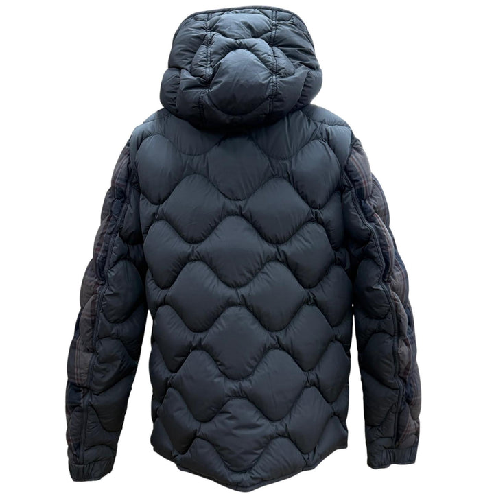 美品▼MONCLER モンクレール GONDRY チェック柄 レザーロゴワッペン ナイロン切替 フーデッド ZIPUP ダウンジャケット グレー 3 正規品