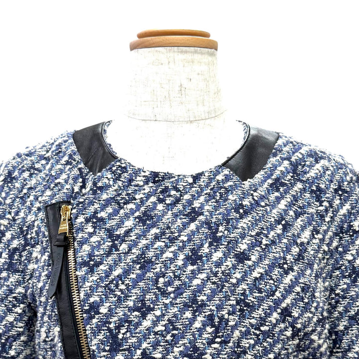 美品△LOUIS VUITTON ルイヴィトン F5JA09B7S レザー使い シャドウモノグラム ツイード ノーカラージャケット ブルー系 34 仏製 正規品