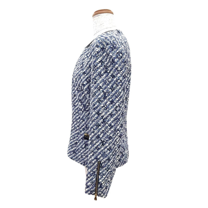 美品△LOUIS VUITTON ルイヴィトン F5JA09B7S レザー使い シャドウモノグラム ツイード ノーカラージャケット ブルー系 34 仏製 正規品