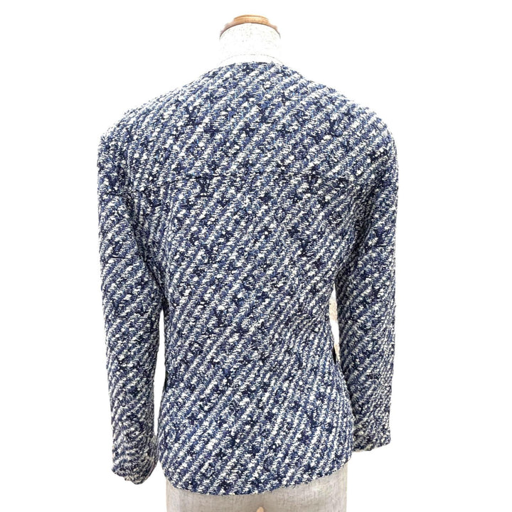美品△LOUIS VUITTON ルイヴィトン F5JA09B7S レザー使い シャドウモノグラム ツイード ノーカラージャケット ブルー系 34 仏製 正規品