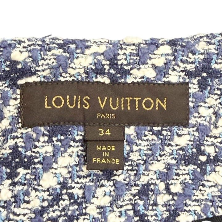 美品△LOUIS VUITTON ルイヴィトン F5JA09B7S レザー使い シャドウモノグラム ツイード ノーカラージャケット ブルー系 34 仏製 正規品