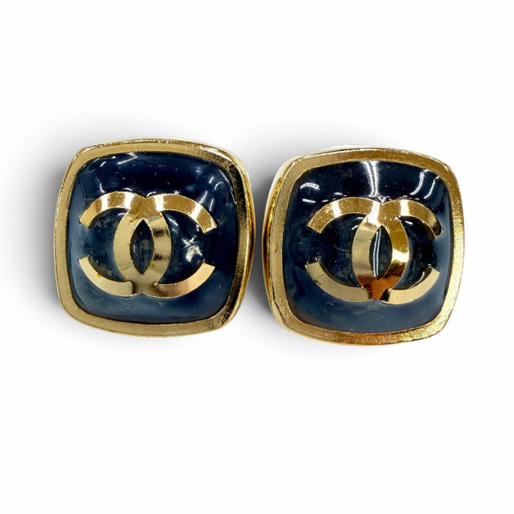 美品☆CHANEL シャネル L22 メタル ココマーク スクエア アクセサリー ピアス ゴールド グレー フランス製 レディース