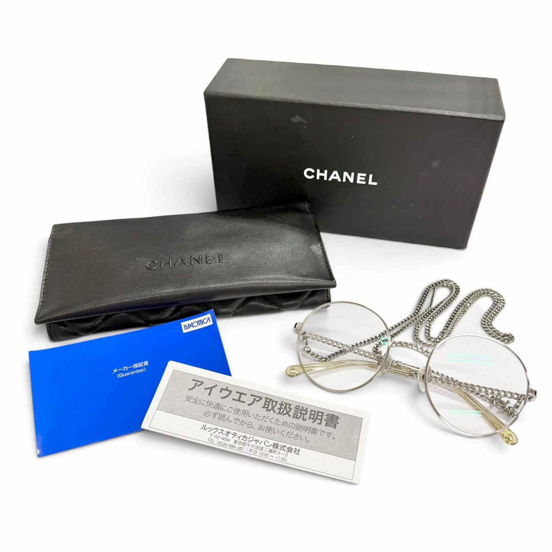 美品△CHANEL シャネル 2186 ココマーク グラスチェーン付き ラウンド メガネ 眼鏡 アイウェア シルバー 51□21 135 度なし 伊製 箱付き
