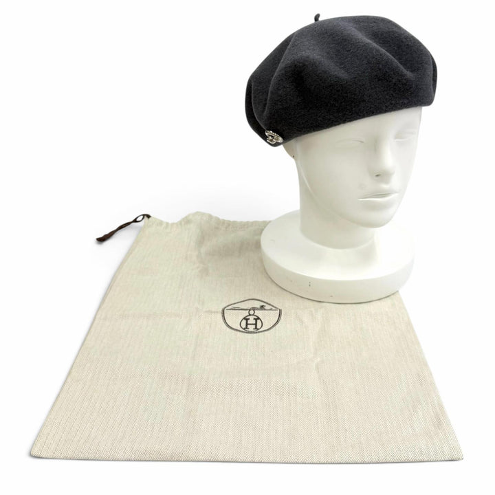 極美品★HERMES エルメス ウール100％ グレナン 内側レザートリム ベレー帽 グレー FR 56 フランス製 正規品 レディース 保存袋付き