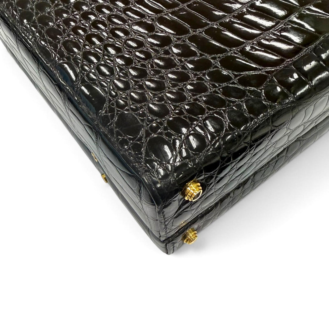 美品▼MORABITO モラビト ヴィンテージ クロコダイルレザー 希少 シャイニー アタッシュケース ビジネスバッグ ブラック ゴールド金具