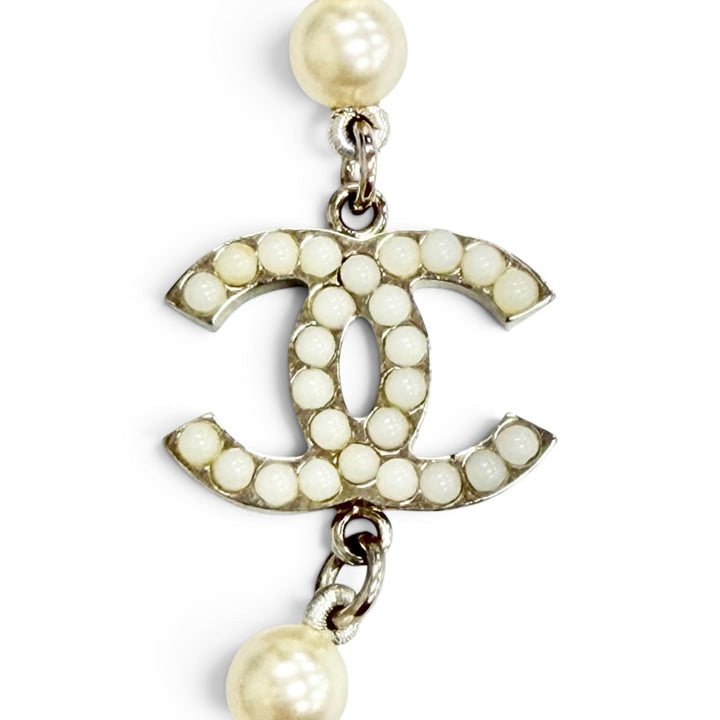 極美品△CHANEL シャネル A14V ココマーク ロング パール ネックレス ホワイト系 シルバー フランス製 レディース 保存袋付き オススメ◎