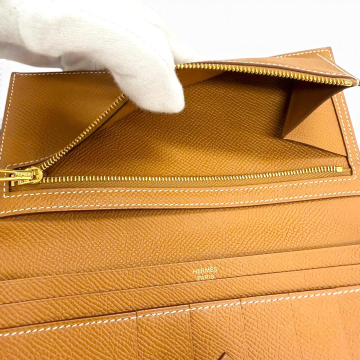 未使用品□HERMES エルメス ベアン スフレ ヴォーエプソン ゴールド ゴールド金具 長財布 ロングウォレット W刻印 フランス製 箱付き