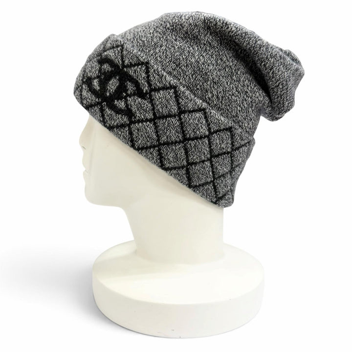 極美品△CHANEL シャネル 18A カシミヤ94% マトラッセ ココマーク ニットキャップ ニット帽 ビーニー グレー 正規品 レディース メンズ可