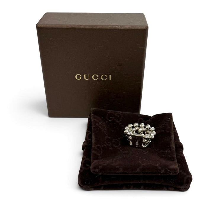 美品★GUCCI グッチ 925 ロゴ入り 喜平 ボールチェーン リング 指輪 アクセサリー シルバー JP8号相当 伊製 レディース 箱・保存袋付き