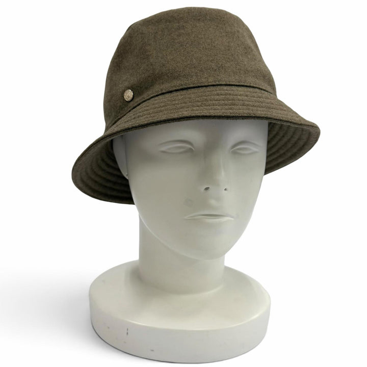 極美品★HERMES エルメス カシミヤ100％ セリエボタン バケットハット 帽子 ハット カーキ 57 フランス製 正規品 レディース 保存袋付き