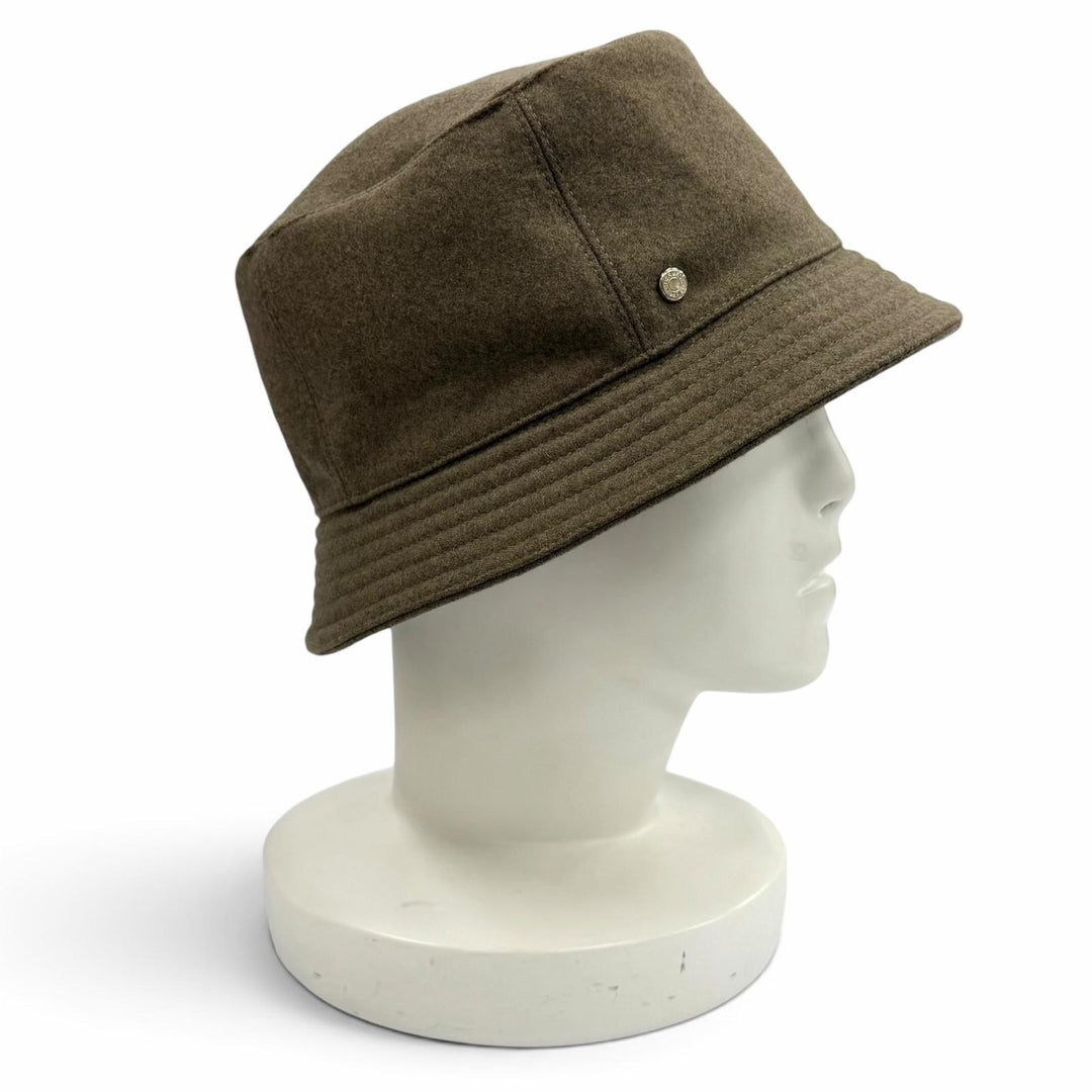 極美品★HERMES エルメス カシミヤ100％ セリエボタン バケットハット 帽子 ハット カーキ 57 フランス製 正規品 レディース 保存袋付き