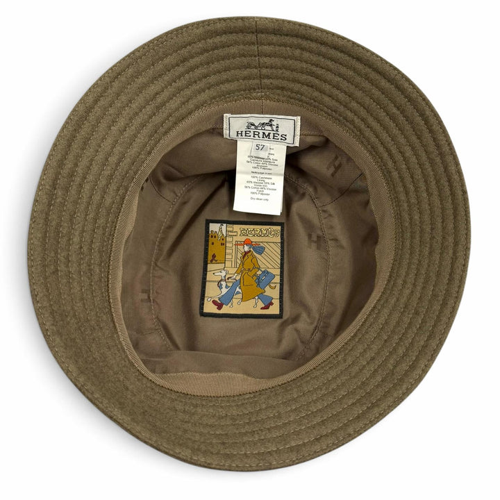 極美品★HERMES エルメス カシミヤ100％ セリエボタン バケットハット 帽子 ハット カーキ 57 フランス製 正規品 レディース 保存袋付き