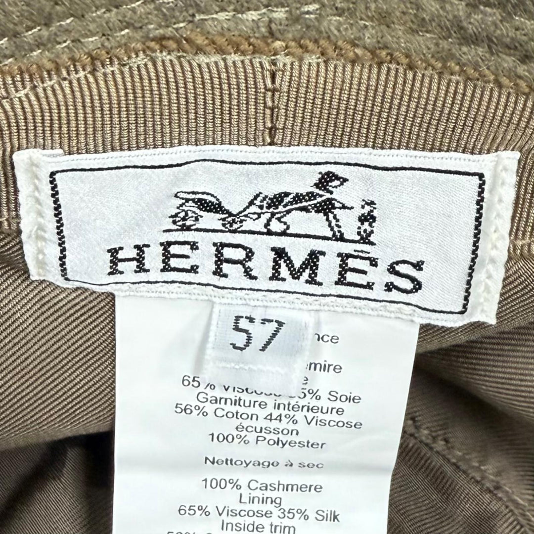 極美品★HERMES エルメス カシミヤ100％ セリエボタン バケットハット 帽子 ハット カーキ 57 フランス製 正規品 レディース 保存袋付き