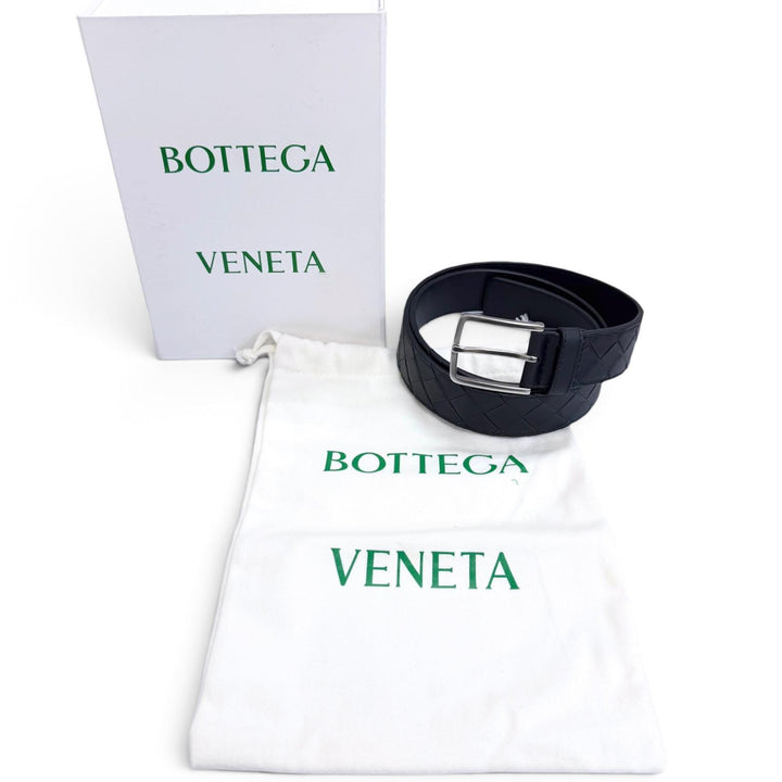 美品□BOTTEGAVENETA ボッテガヴェネタ イントレチャート レザーベルト ネイビー シルバー金具 95cm 38in イタリア製 メンズ 箱・袋付き