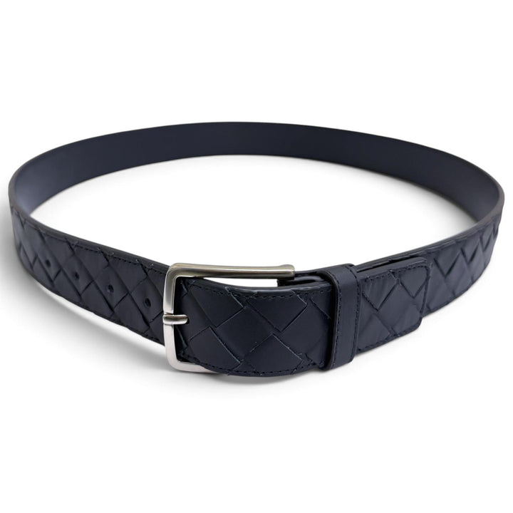 美品□BOTTEGAVENETA ボッテガヴェネタ イントレチャート レザーベルト ネイビー シルバー金具 95cm 38in イタリア製 メンズ 箱・袋付き
