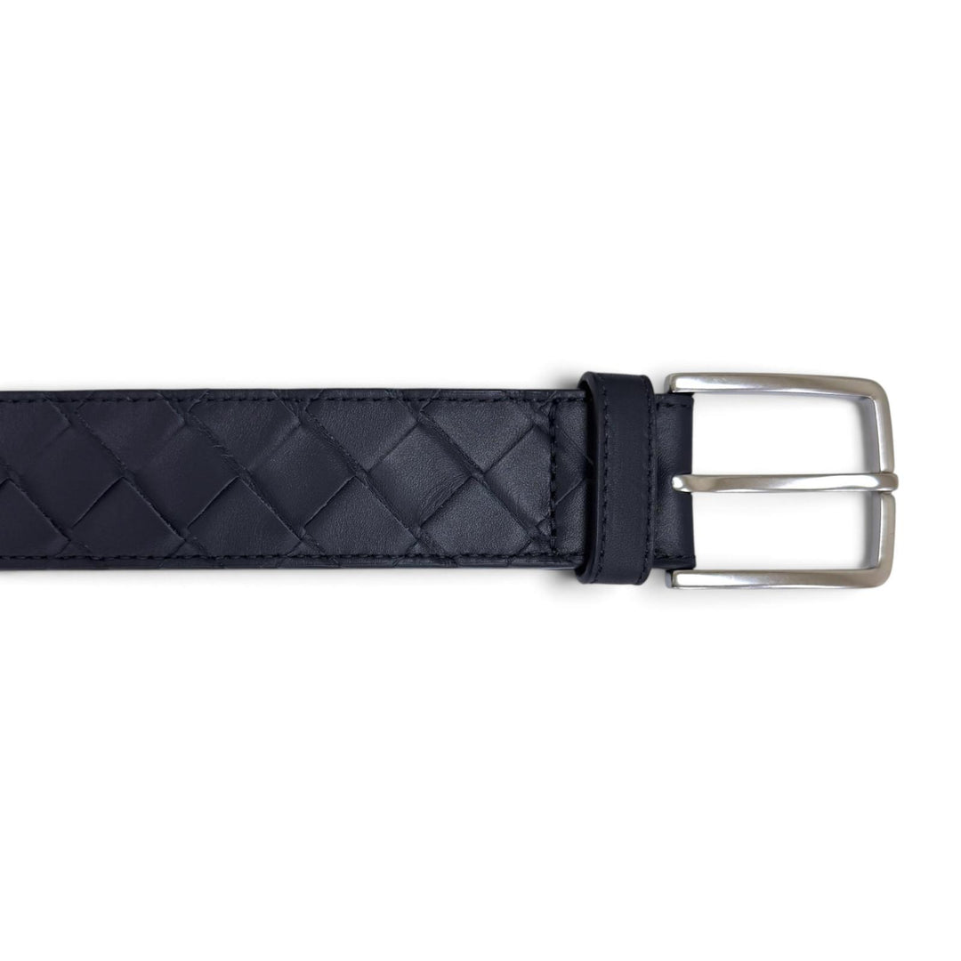 美品□BOTTEGAVENETA ボッテガヴェネタ イントレチャート レザーベルト ネイビー シルバー金具 95cm 38in イタリア製 メンズ 箱・袋付き