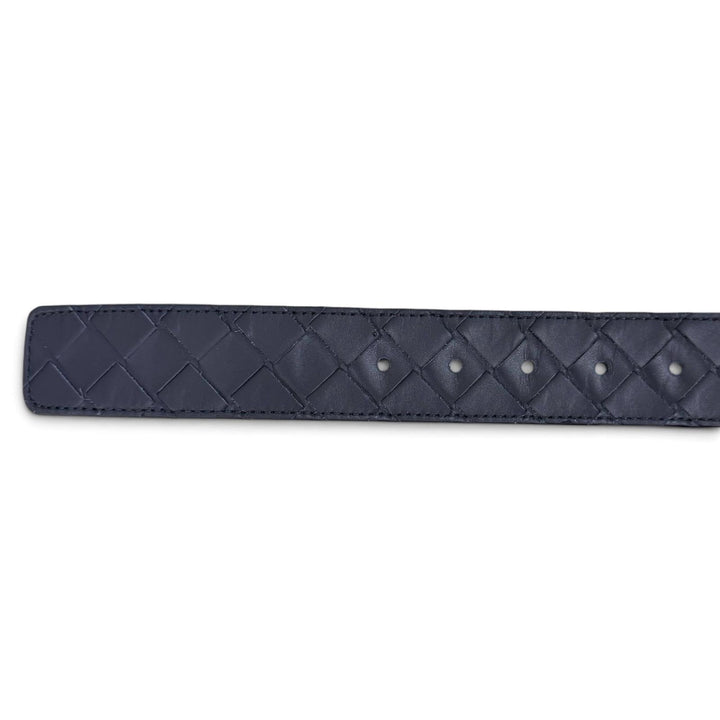 美品□BOTTEGAVENETA ボッテガヴェネタ イントレチャート レザーベルト ネイビー シルバー金具 95cm 38in イタリア製 メンズ 箱・袋付き