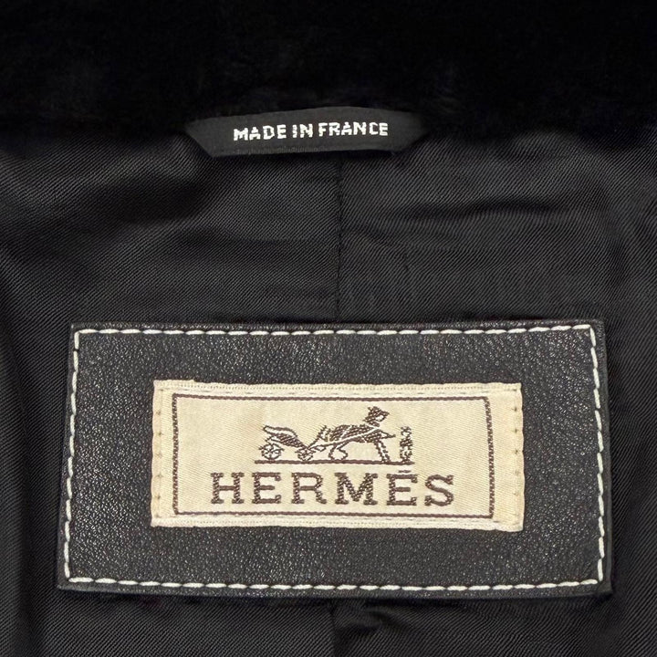 極美品▼HERMES エルメス シープファー レザー シングルチェスター ムートンコート ブラック 50 フランス製 メンズ 防寒◎
