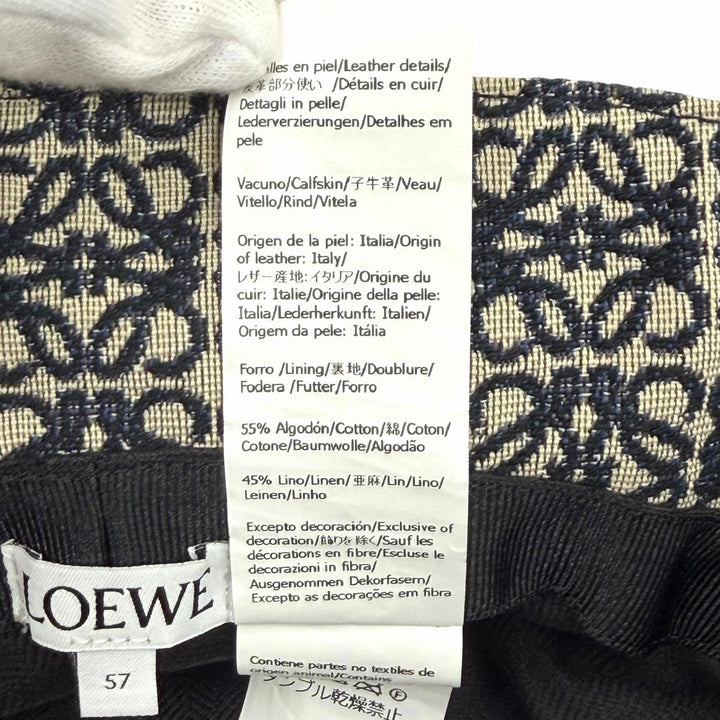 美品★LOEWE ロエベ K820HB1X07 リピートアナグラム カウレザーパーツ バケットハット 帽子 ベージュ ネイビー 57 スペイン製 正規品