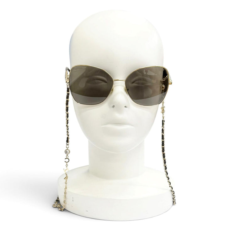 美品△CHANEL シャネル 4274-Q ロゴチェーン付き ココマーク バタフライシェイプ サングラス ゴールド ブラウン系 59□16 135 デモレンズ