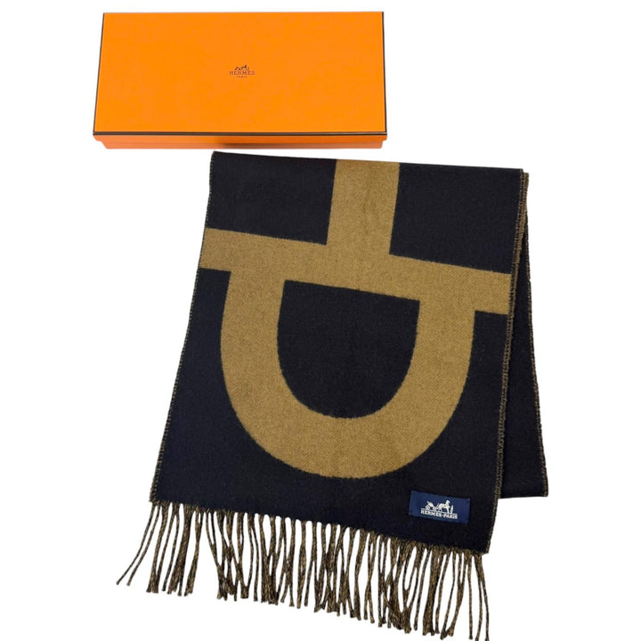 極美品□HERMES エルメス グランモール カシミヤ100％ ホースビット フリンジマフラー ショール ネイビー ブラウン 英国製 メンズ 箱付き