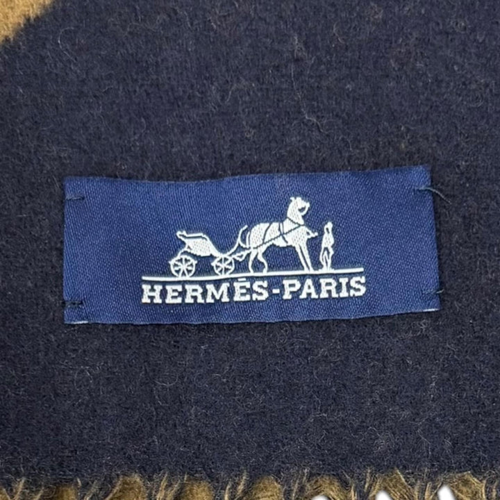 極美品□HERMES エルメス グランモール カシミヤ100％ ホースビット フリンジマフラー ショール ネイビー ブラウン 英国製 メンズ 箱付き