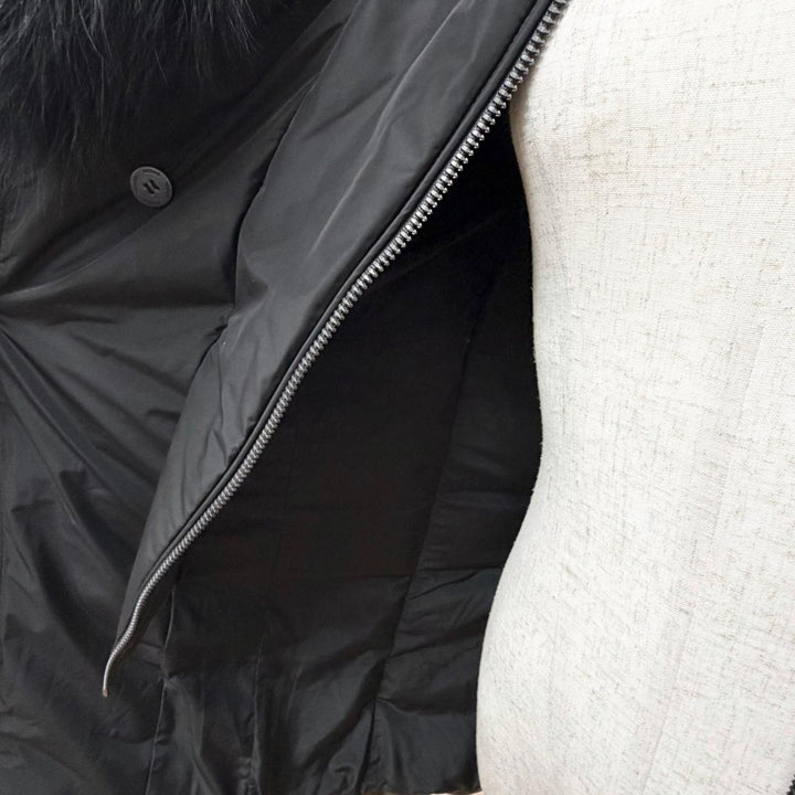 美品△MACKAGE マッカージュ KAY-BX ケイ レイヤードデザイン フォックスファー フード付き ZIP UP ダウンコート ブラック S ハンガー付