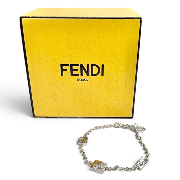 極美品△FENDI フェンディ 8AK321 FOREVER フォーエバー FFロゴ クリスタル チェーン ブレスレット シルバー イタリア製 レディース 箱付