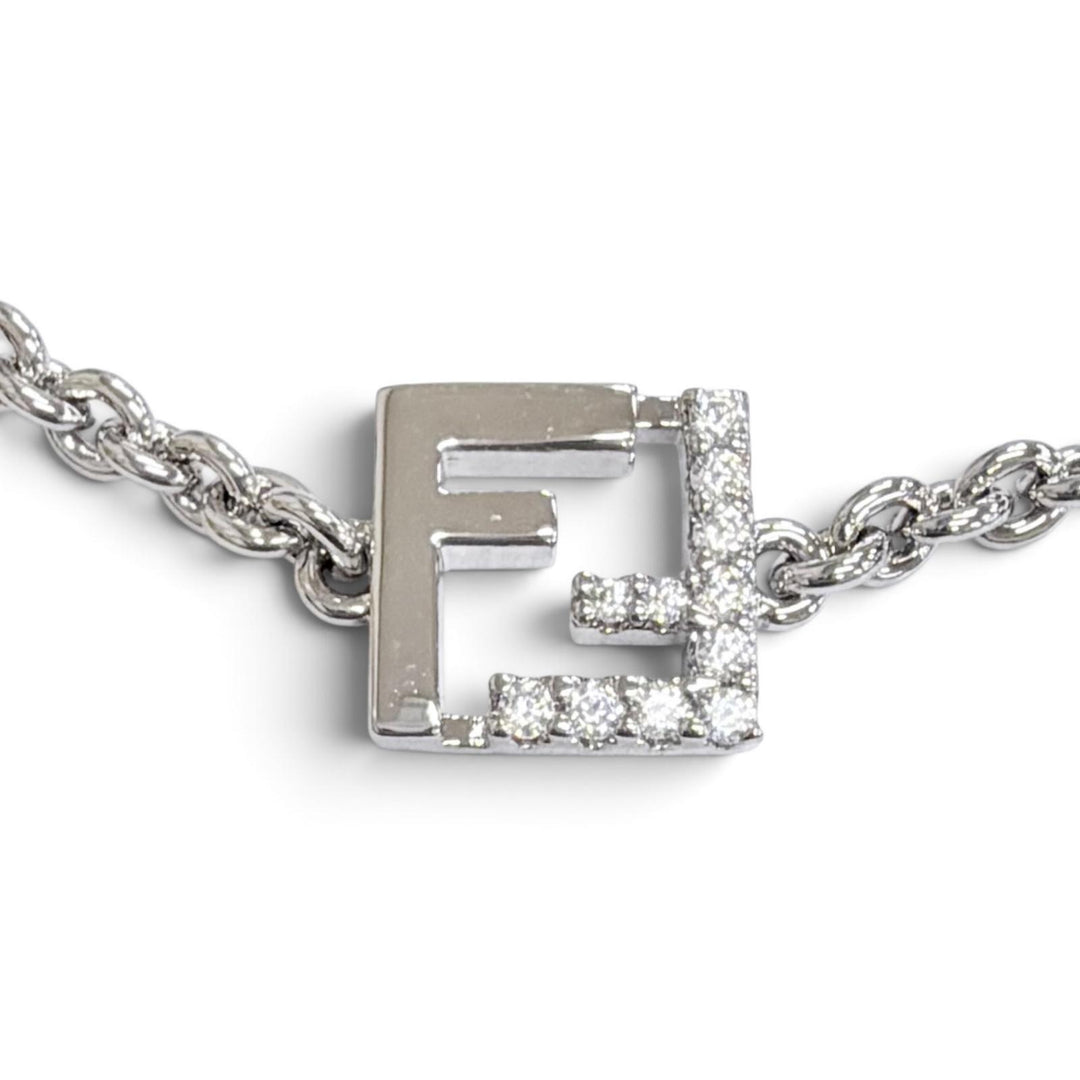 極美品△FENDI フェンディ 8AK321 FOREVER フォーエバー FFロゴ クリスタル チェーン ブレスレット シルバー イタリア製 レディース 箱付