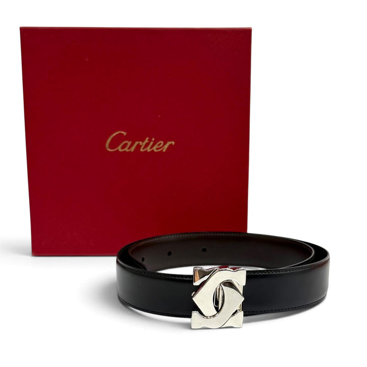 極美品★Cartier カルティエ リバーシブル 2C バックル レザー ベルト ブラック ブラウン シルバー金具 レディース