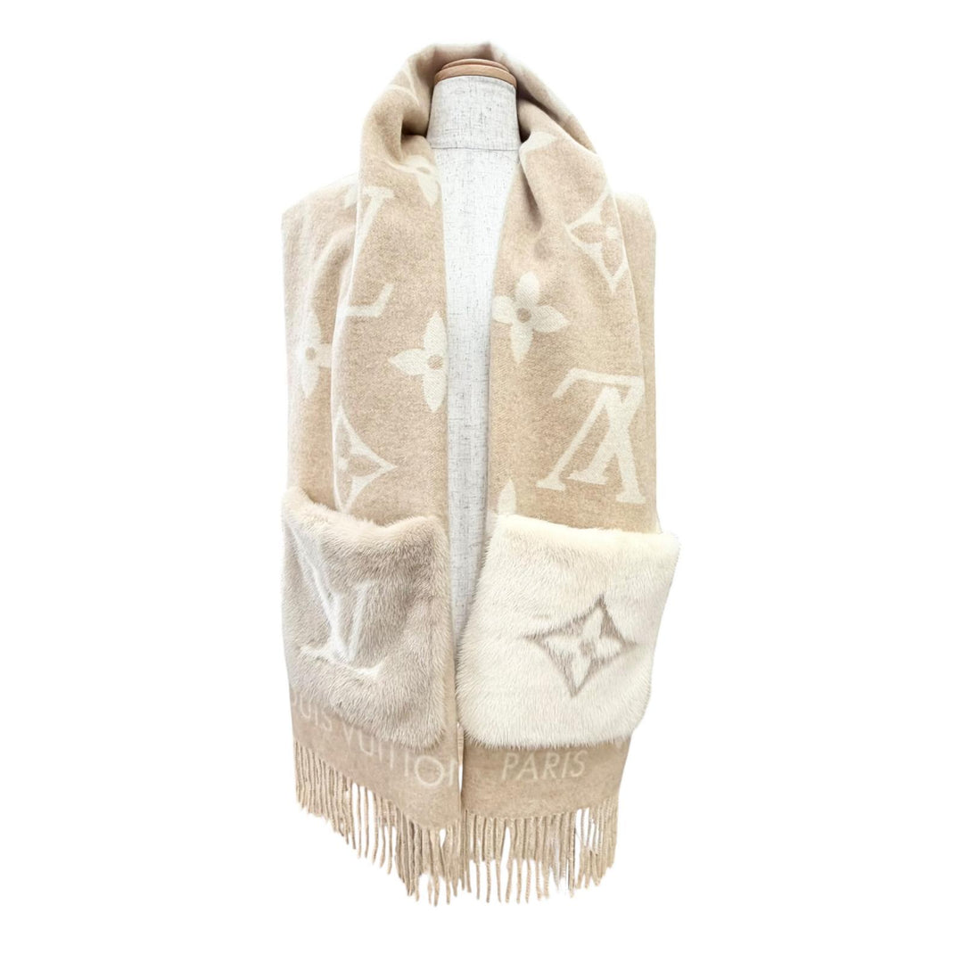 美品△LOUIS VUITTON ルイヴィトン M74354 エシャルプ コールド レイキャビック カシミヤ ミンクファー LVイニシャル マフラー 正規品