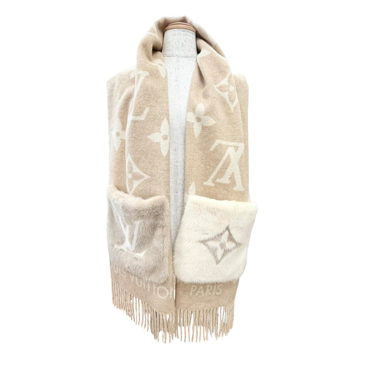 美品△LOUIS VUITTON ルイヴィトン M74354 エシャルプ コールド レイキャビック カシミヤ ミンクファー LVイニシャル マフラー 正規品