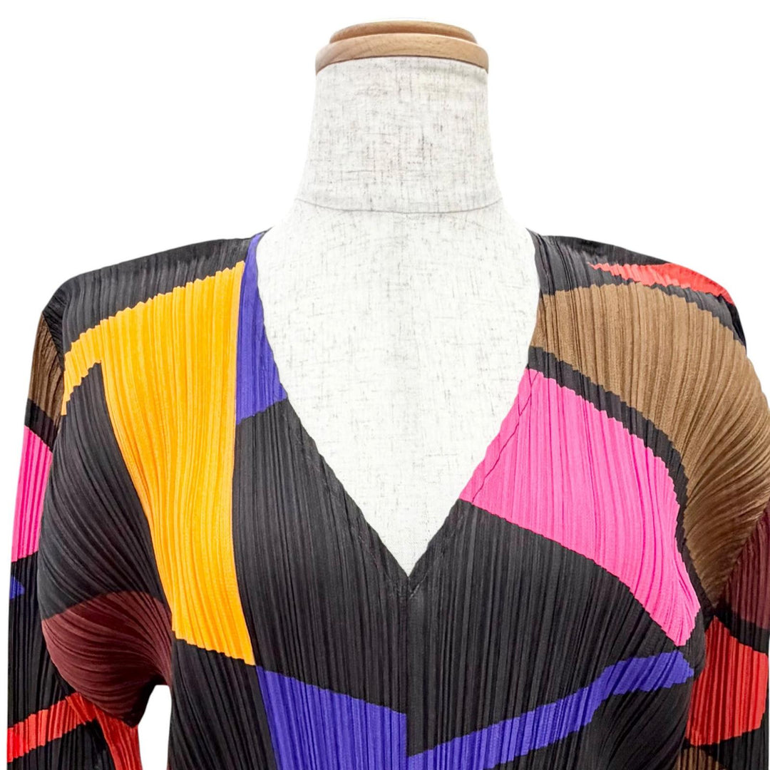 極美品△PLEATS PLEASE プリーツプリーズ イッセイミヤケ PP73-JH726 総柄 長袖 Vネック ワンピース マルチカラー 3 日本製 正規品