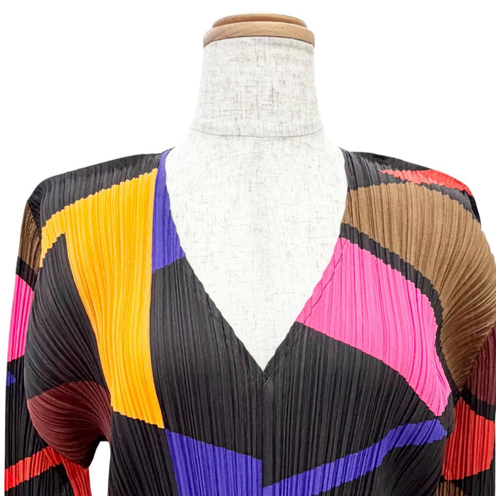 極美品△PLEATS PLEASE プリーツプリーズ イッセイミヤケ PP73-JH726 総柄 長袖 Vネック ワンピース マルチカラー 3 日本製 正規品