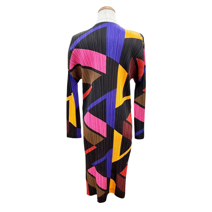 極美品△PLEATS PLEASE プリーツプリーズ イッセイミヤケ PP73-JH726 総柄 長袖 Vネック ワンピース マルチカラー 3 日本製 正規品