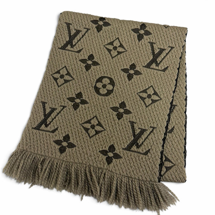 美品□LOUIS VUITTON ルイヴィトン 402336 エシャルプ ロゴマニア ウール シルク フリンジマフラー グレージュ イタリア製 正規品 メンズ