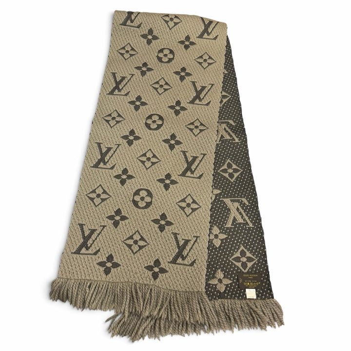 美品□LOUIS VUITTON ルイヴィトン 402336 エシャルプ ロゴマニア ウール シルク フリンジマフラー グレージュ イタリア製 正規品 メンズ