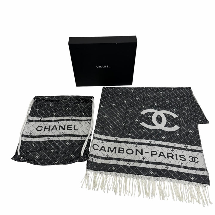 未使用品☆CHANEL シャネル 31 RUE CAMBON コットン シルク ココマーク フリンジ付 大判 ストール ショール グレー 伊製 箱・保存袋付き