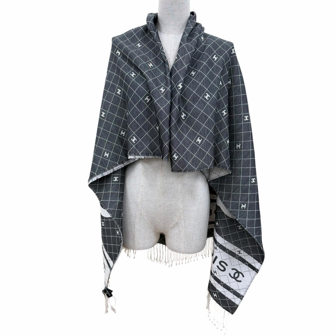 未使用品☆CHANEL シャネル 31 RUE CAMBON コットン シルク ココマーク フリンジ付 大判 ストール ショール グレー 伊製 箱・保存袋付き