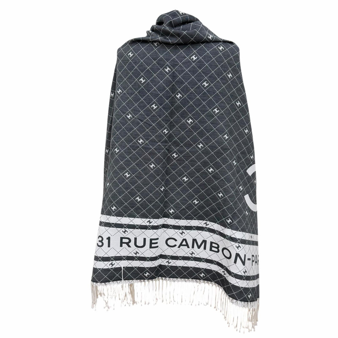 未使用品☆CHANEL シャネル 31 RUE CAMBON コットン シルク ココマーク フリンジ付 大判 ストール ショール グレー 伊製 箱・保存袋付き