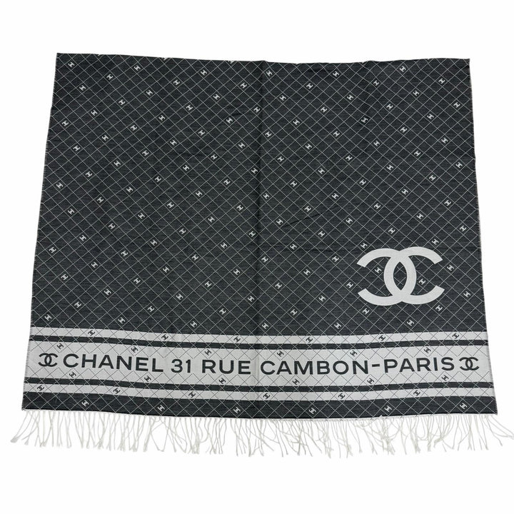 未使用品☆CHANEL シャネル 31 RUE CAMBON コットン シルク ココマーク フリンジ付 大判 ストール ショール グレー 伊製 箱・保存袋付き