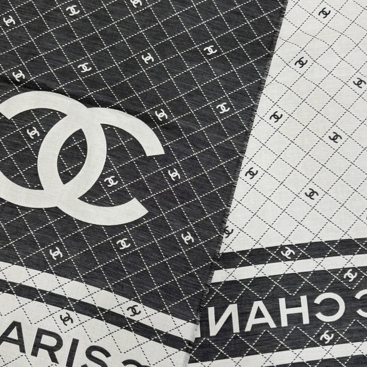 未使用品☆CHANEL シャネル 31 RUE CAMBON コットン シルク ココマーク フリンジ付 大判 ストール ショール グレー 伊製 箱・保存袋付き